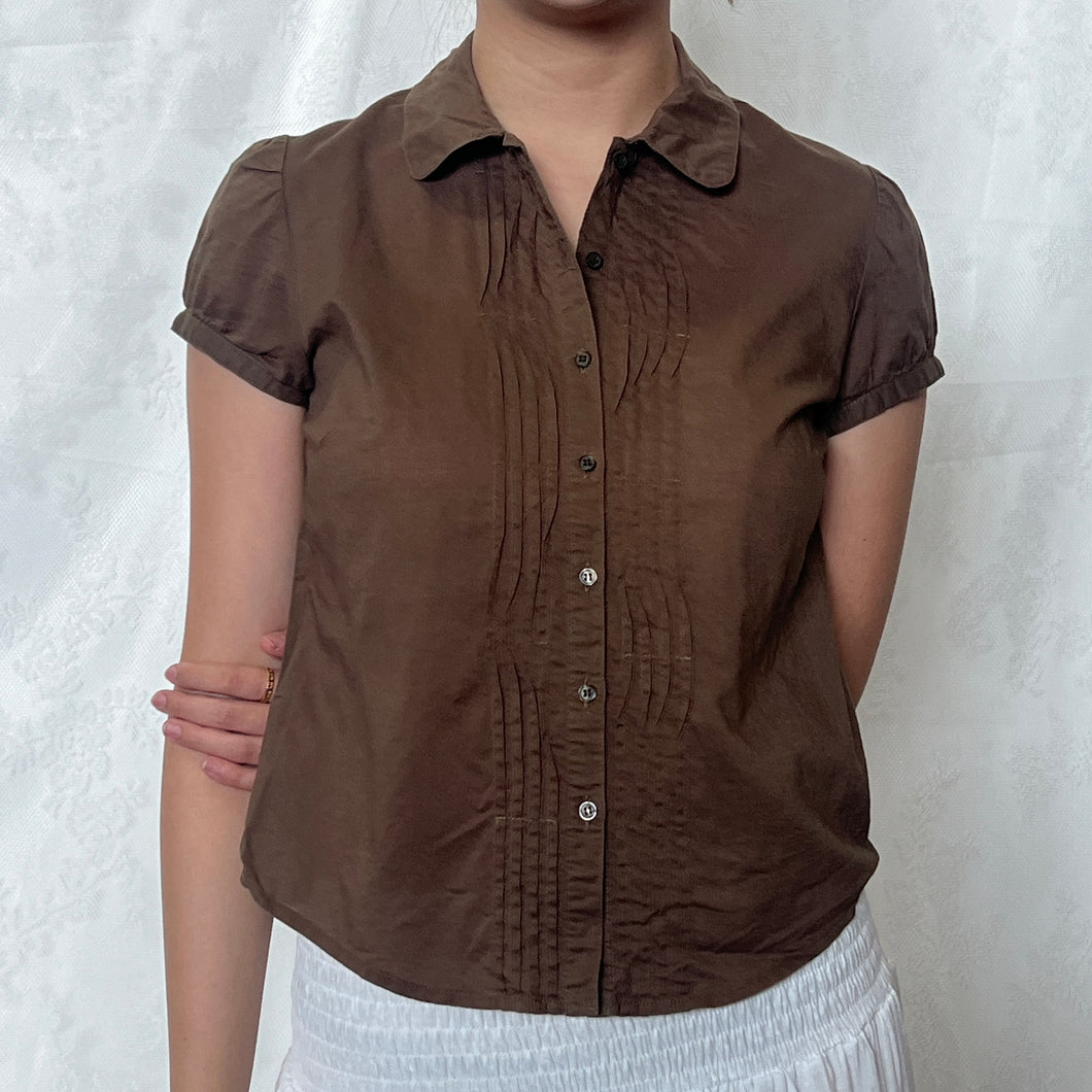 Khaki Brown Alice Collar Short Sleeve Button Down Top