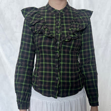 Load image into Gallery viewer, Brown Green Plaid Ruffled Shoulder Button Down Long Sleeve Top
