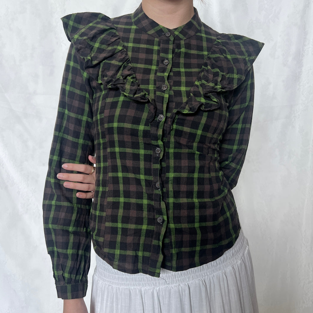 Brown Green Plaid Ruffled Shoulder Button Down Long Sleeve Top