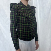 Load image into Gallery viewer, Brown Green Plaid Ruffled Shoulder Button Down Long Sleeve Top
