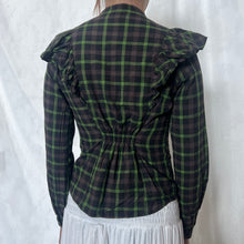 Load image into Gallery viewer, Brown Green Plaid Ruffled Shoulder Button Down Long Sleeve Top
