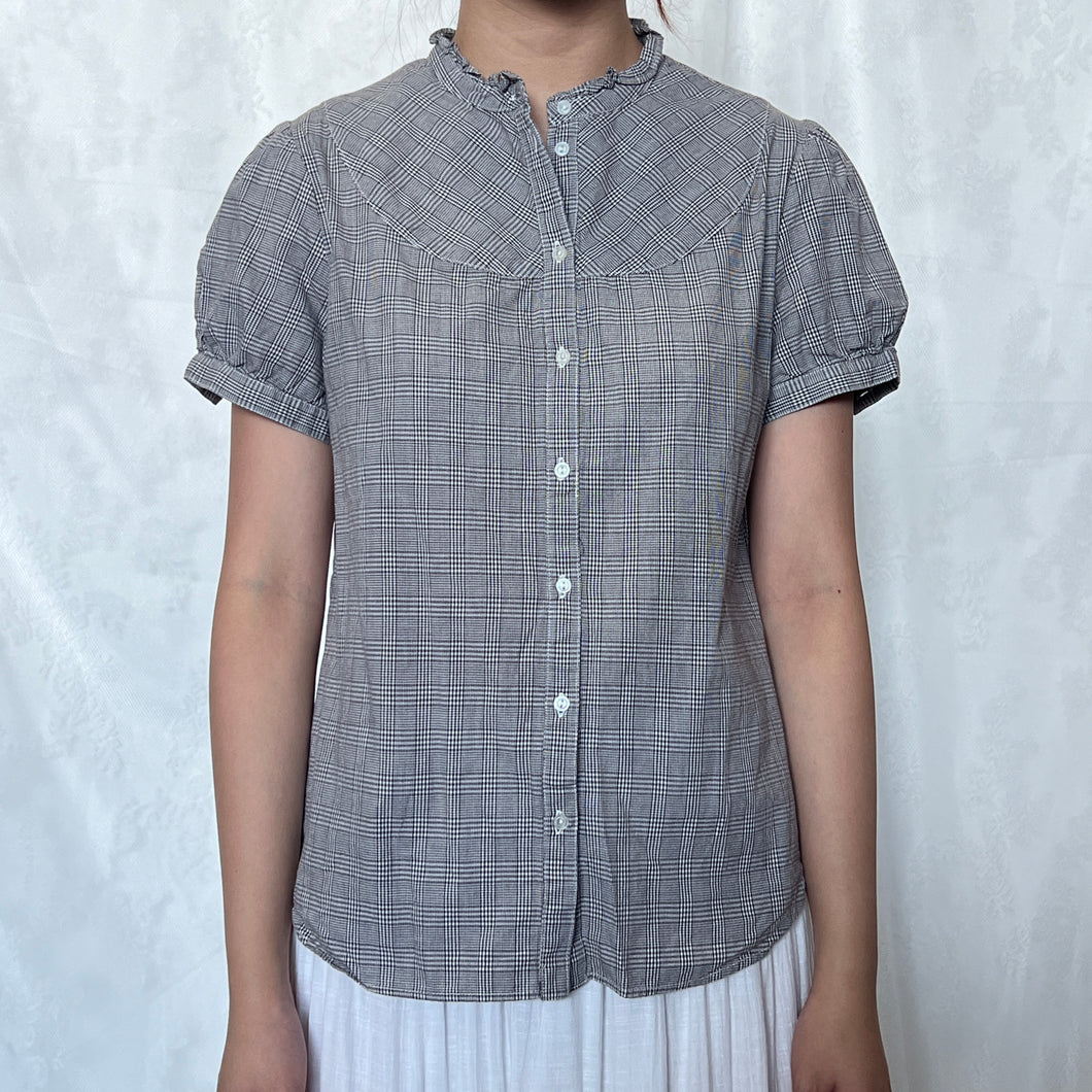 Grey Gingham Plaid Japanese Button Down Short Sleeve Top