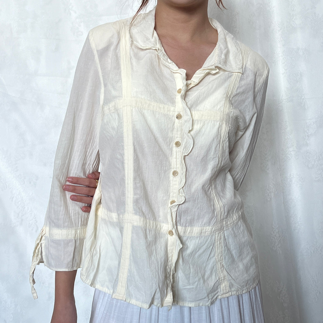 Cream Ruffled Button Down Long Sleeve Top