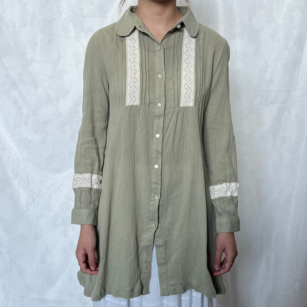 Sage Green Laced Textured Fabric Button Down Dress Top