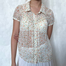 Load image into Gallery viewer, Summer See Through Floral Frayed Alice Mesh Short Sleeve Button Down Top
