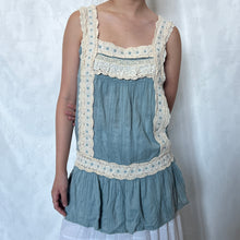 Load image into Gallery viewer, Blue Cotton Cream Lace Victorian Square Neck Dress Top
