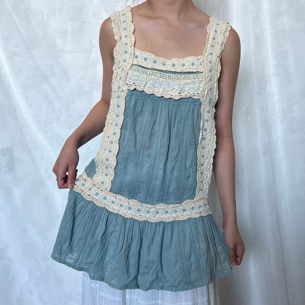 Blue Cotton Cream Lace Victorian Square Neck Dress Top