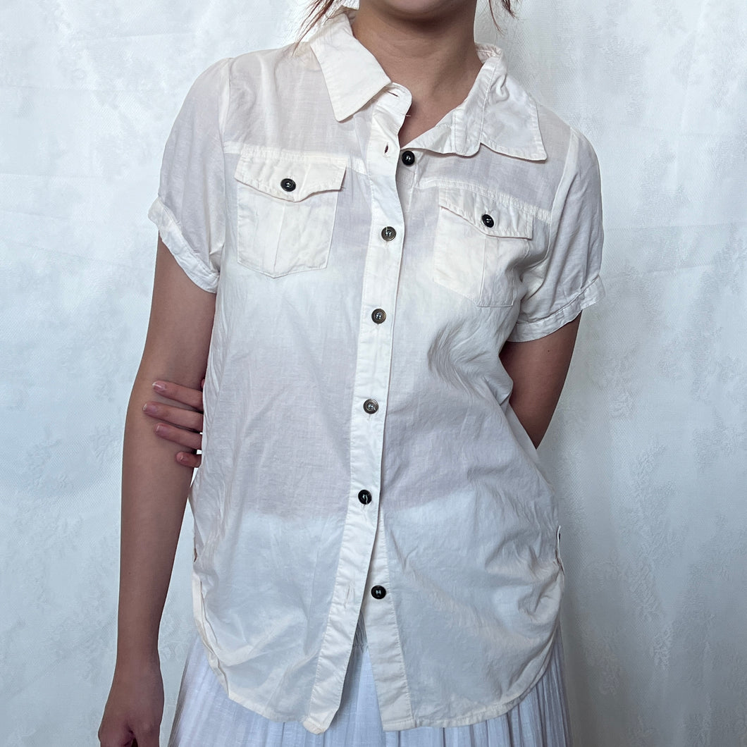 White Cotton Front Two Pocket Button Down Blouse Top