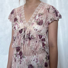 Load image into Gallery viewer, Pink Plaid Mesh Magenta Flowers Lace Ruffle Trimmed Dress Top
