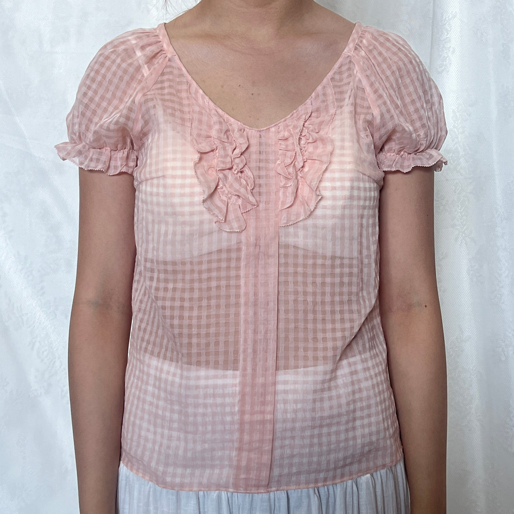 Pink Gingham Mesh Alice Ruffles Puff Sleeve Top