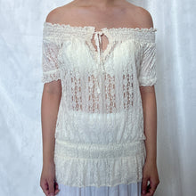 Load image into Gallery viewer, Cream White Lace Victorian Keyhole Tie Puff Sleeve Top
