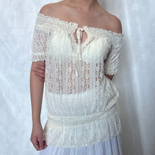 Load image into Gallery viewer, Cream White Lace Victorian Keyhole Tie Puff Sleeve Top
