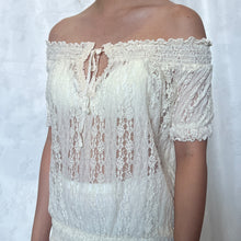 Load image into Gallery viewer, Cream White Lace Victorian Keyhole Tie Puff Sleeve Top
