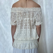 Load image into Gallery viewer, Cream White Lace Victorian Keyhole Tie Puff Sleeve Top
