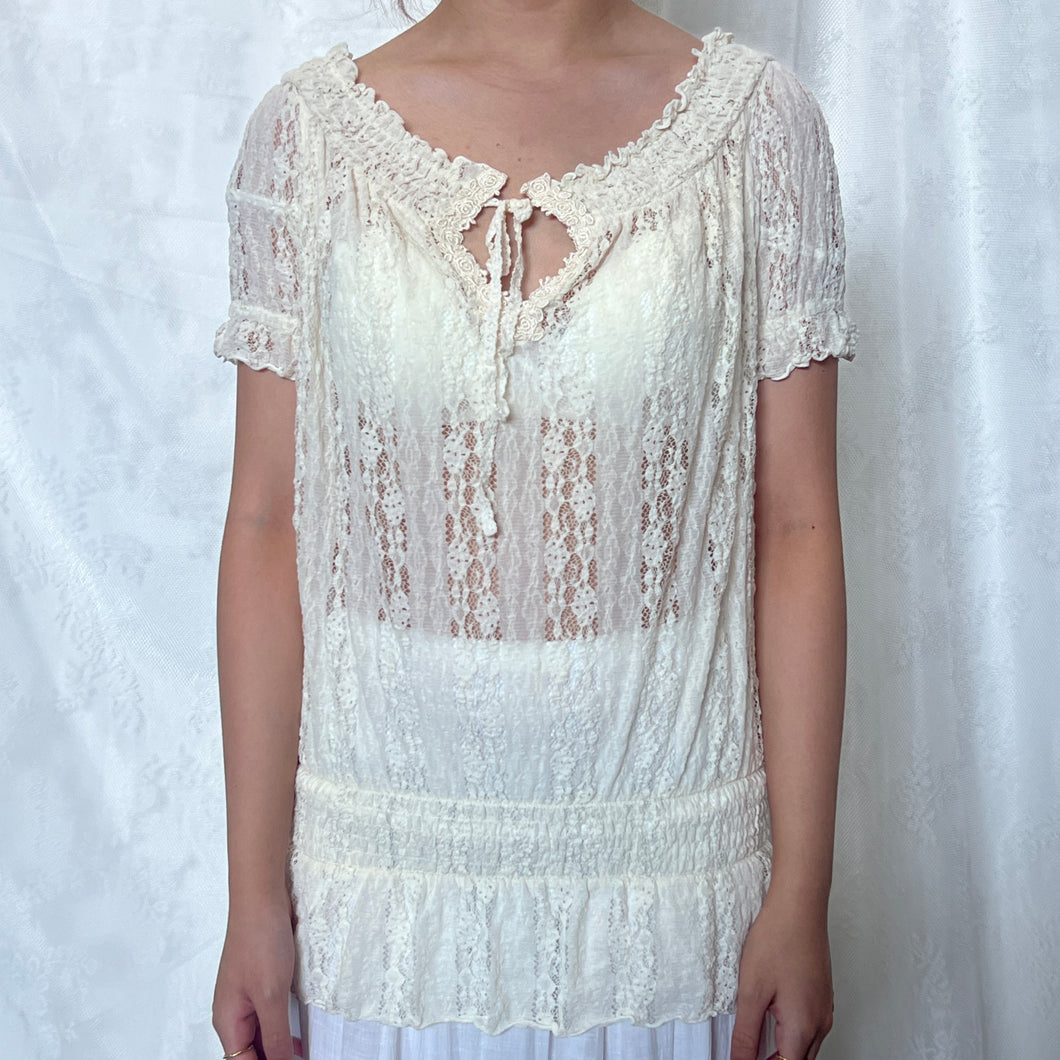 Cream White Lace Victorian Keyhole Tie Puff Sleeve Top