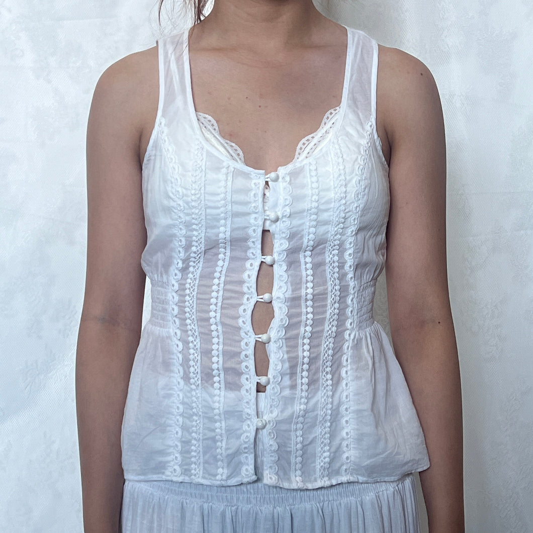 White Cotton Sleeveless Waist Cinched Button Down Top