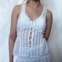 Load image into Gallery viewer, White Cotton Sleeveless Waist Cinched Button Down Top
