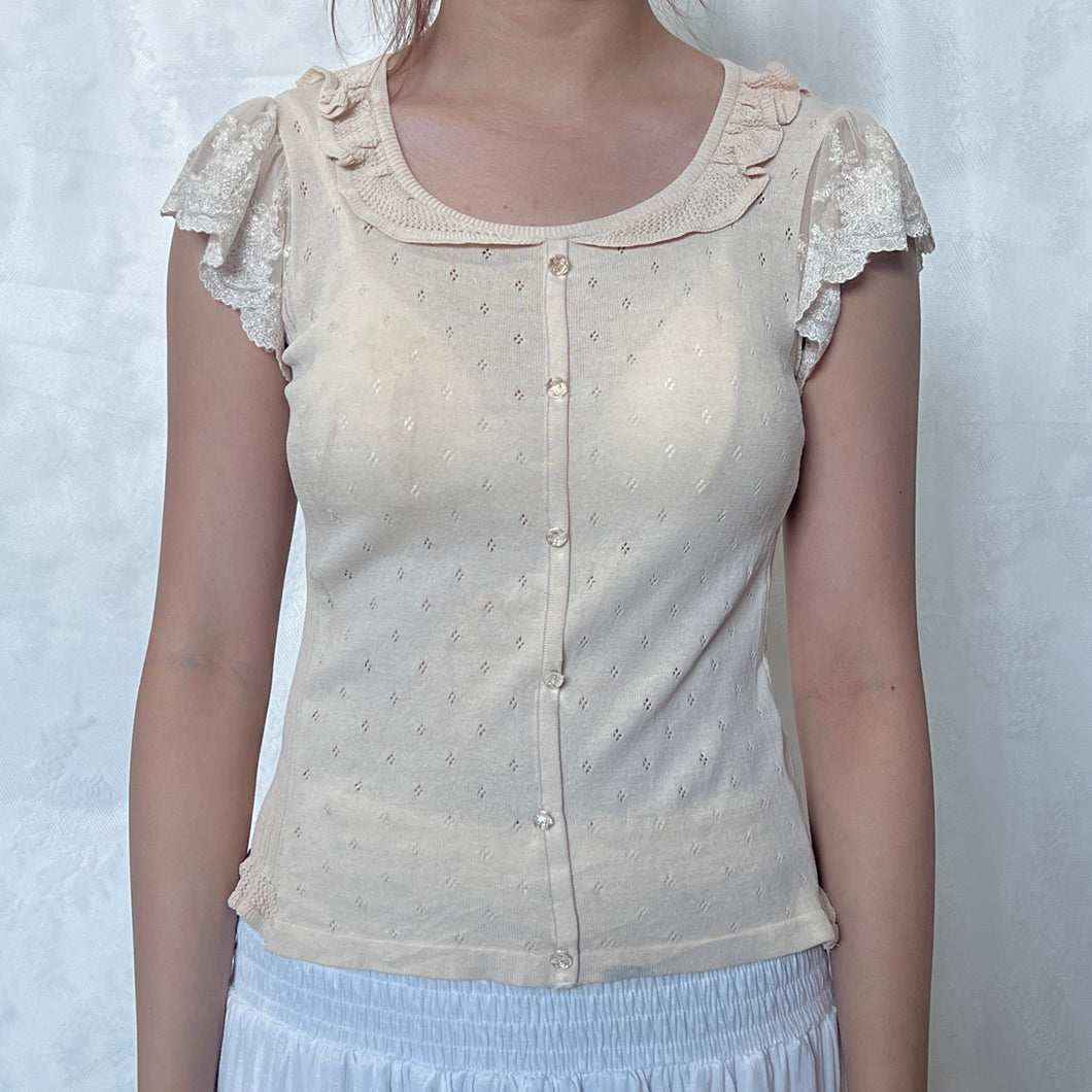 Beige Knit Victorian Mesh Sleeve Button Down Top