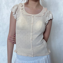 Load image into Gallery viewer, Beige Knit Victorian Mesh Sleeve Button Down Top
