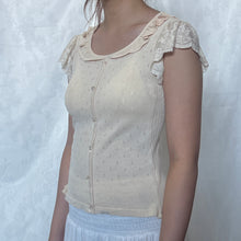 Load image into Gallery viewer, Beige Knit Victorian Mesh Sleeve Button Down Top
