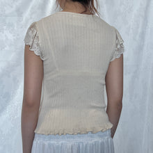 Load image into Gallery viewer, Beige Knit Victorian Mesh Sleeve Button Down Top
