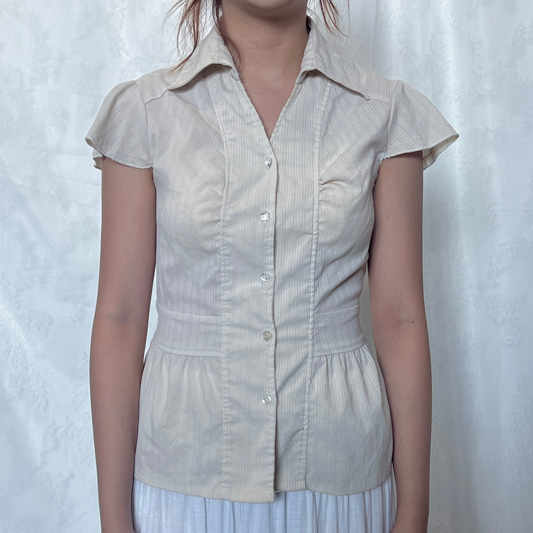 Cream Pinstripe Waist Tie Crystal Button Short Sleeve Top