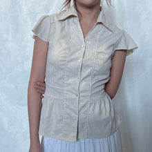 Load image into Gallery viewer, Cream Pinstripe Waist Tie Crystal Button Short Sleeve Top
