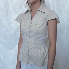 Load image into Gallery viewer, Cream Pinstripe Waist Tie Crystal Button Short Sleeve Top
