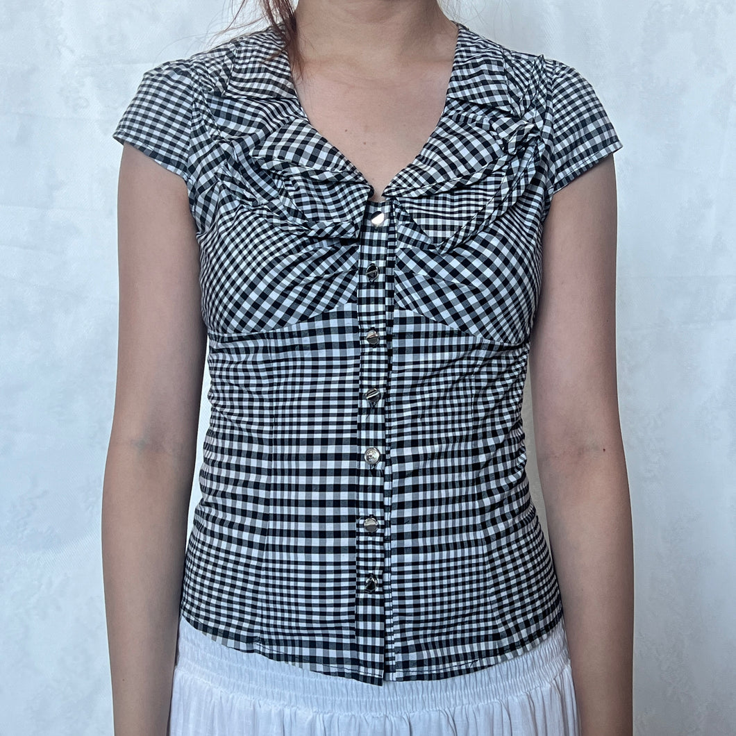 Black & White Gingham Bow Collar Button Down Top