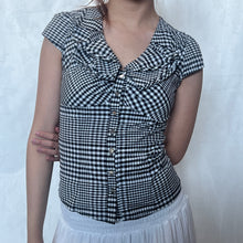 Load image into Gallery viewer, Black &amp; White Gingham Bow Collar Button Down Top
