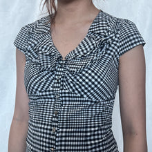 Load image into Gallery viewer, Black &amp; White Gingham Bow Collar Button Down Top
