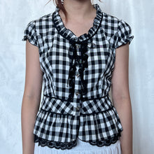 Load image into Gallery viewer, Black &amp; White Gingham Ruffled Lace Trim Puff Sleeve Button Down Top
