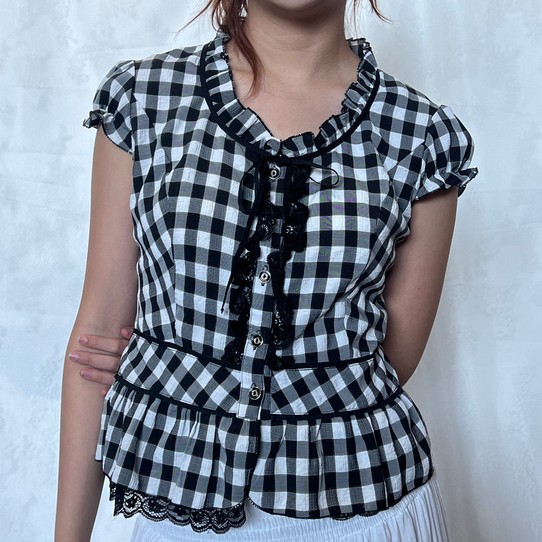 Black & White Gingham Ruffled Lace Trim Puff Sleeve Button Down Top