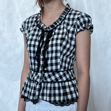 Load image into Gallery viewer, Black &amp; White Gingham Ruffled Lace Trim Puff Sleeve Button Down Top
