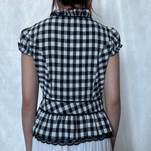 Load image into Gallery viewer, Black &amp; White Gingham Ruffled Lace Trim Puff Sleeve Button Down Top
