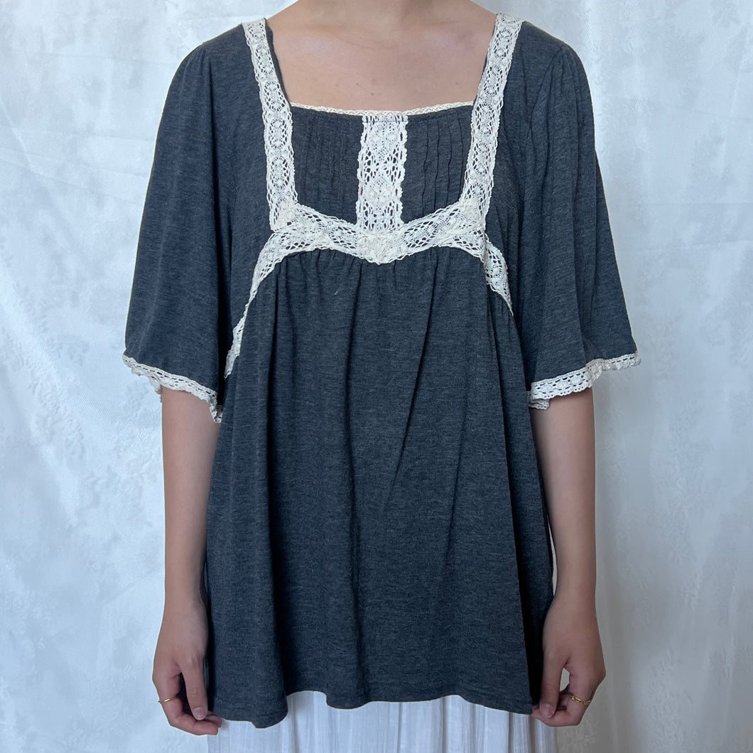 Grey Cotton Lace Trim Mori Flowy Half Sleeve Top