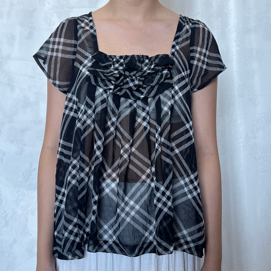 Black Plaid Mesh Ruffled Chest Baby Doll Flowy Top