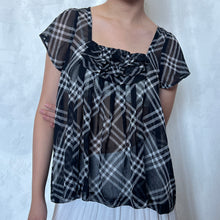 Load image into Gallery viewer, Black Plaid Mesh Ruffled Chest Baby Doll Flowy Top
