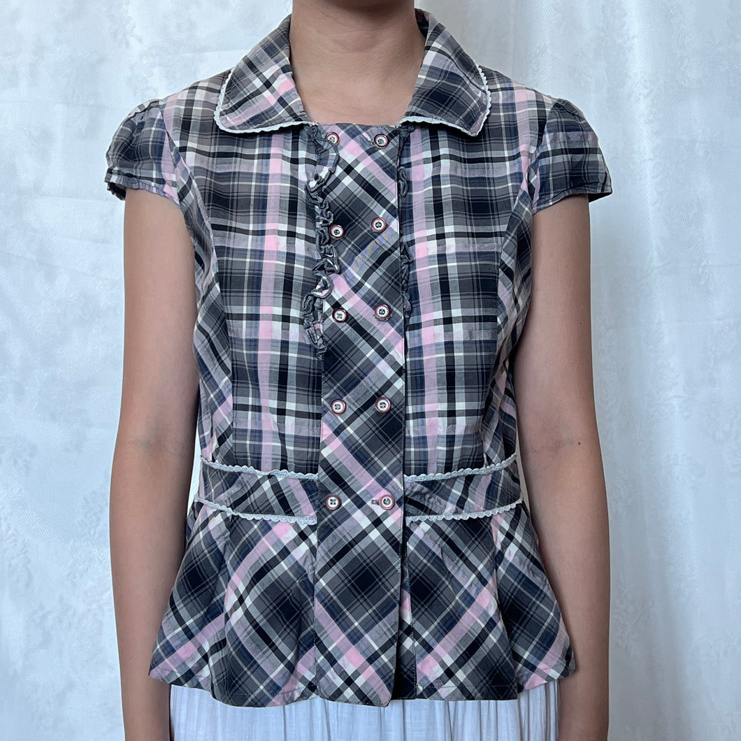 Grey Pink Plaid Double Row Button Pleated Bottom Short Sleeve Top