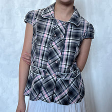 Load image into Gallery viewer, Grey Pink Plaid Double Row Button Pleated Bottom Short Sleeve Top
