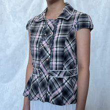 Load image into Gallery viewer, Grey Pink Plaid Double Row Button Pleated Bottom Short Sleeve Top
