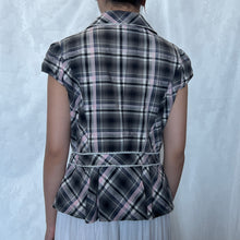 Load image into Gallery viewer, Grey Pink Plaid Double Row Button Pleated Bottom Short Sleeve Top
