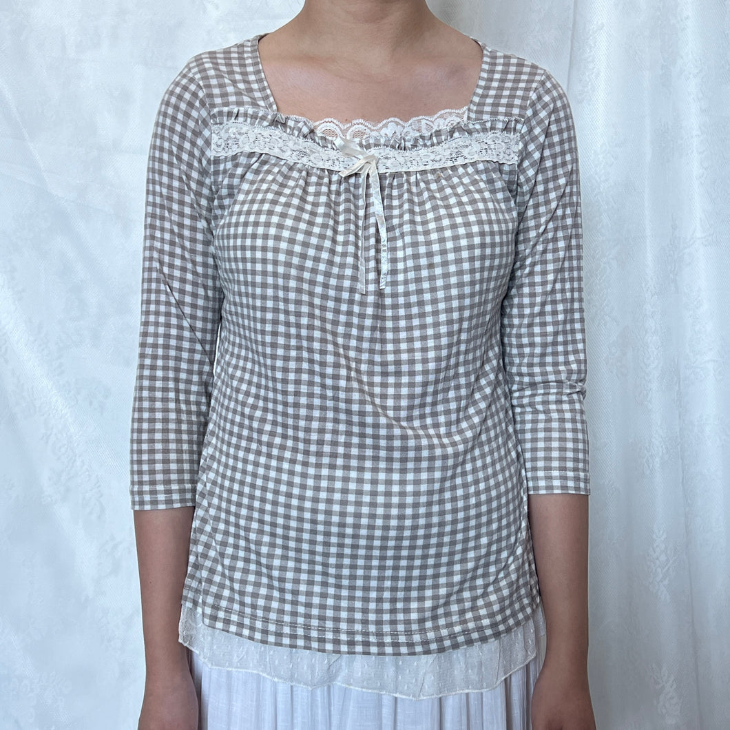 Brown Grey Grid Cotton Mori Kei Long Sleeves Top