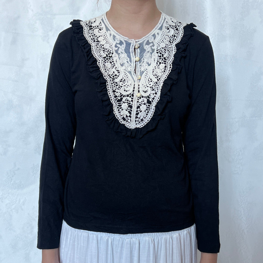 Black Cotton White Victorian Lace Long Sleeves Top