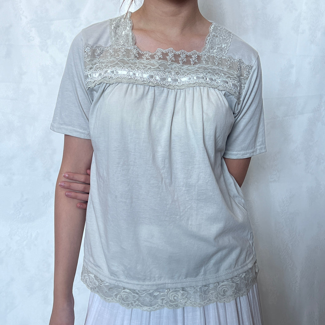 Beige Grey Cotton Mori Kei Lace Square Neck Short Sleeves Top