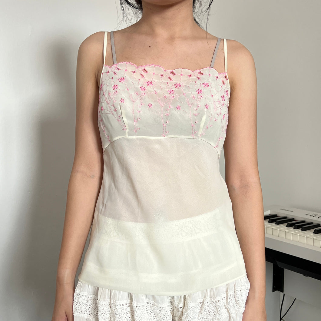 Cream Pink Embroidery Floral Cami Top