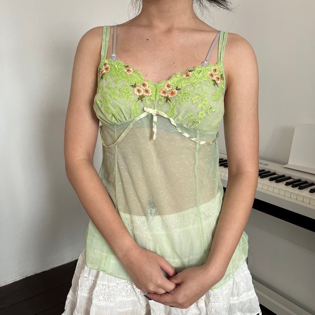 Green Mesh Ribbon Pink Floral Cami Top