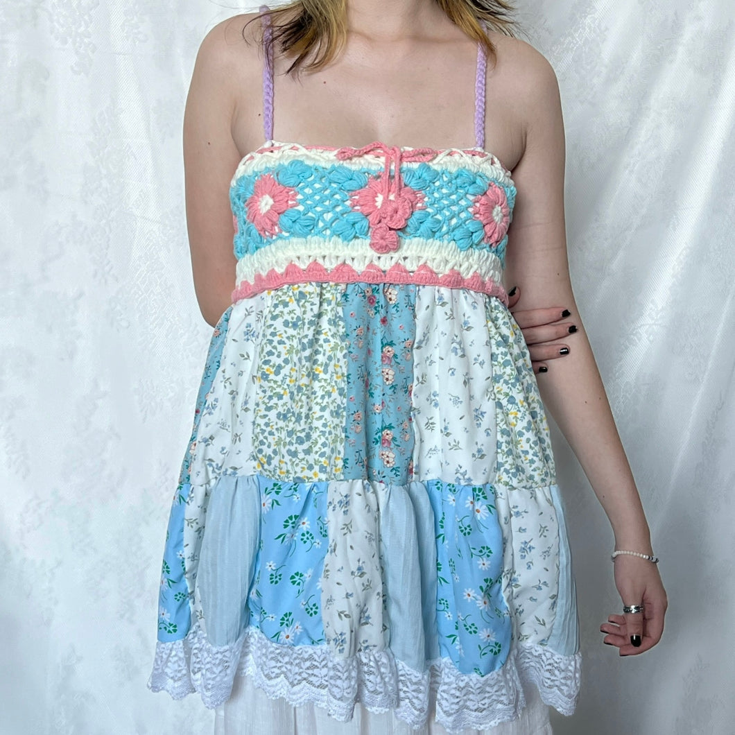 Blue Crochet With Pink And White Details Patchwork Purple Straps Cami Top