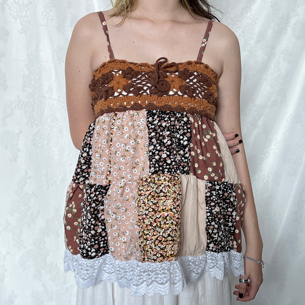 Brown Crochet With Full Caramel Details Patchwork Cami Top