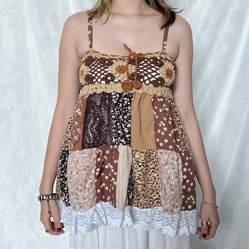 Brown Crochet With Beige Details And Caramel Tie Patchwork Cami Top